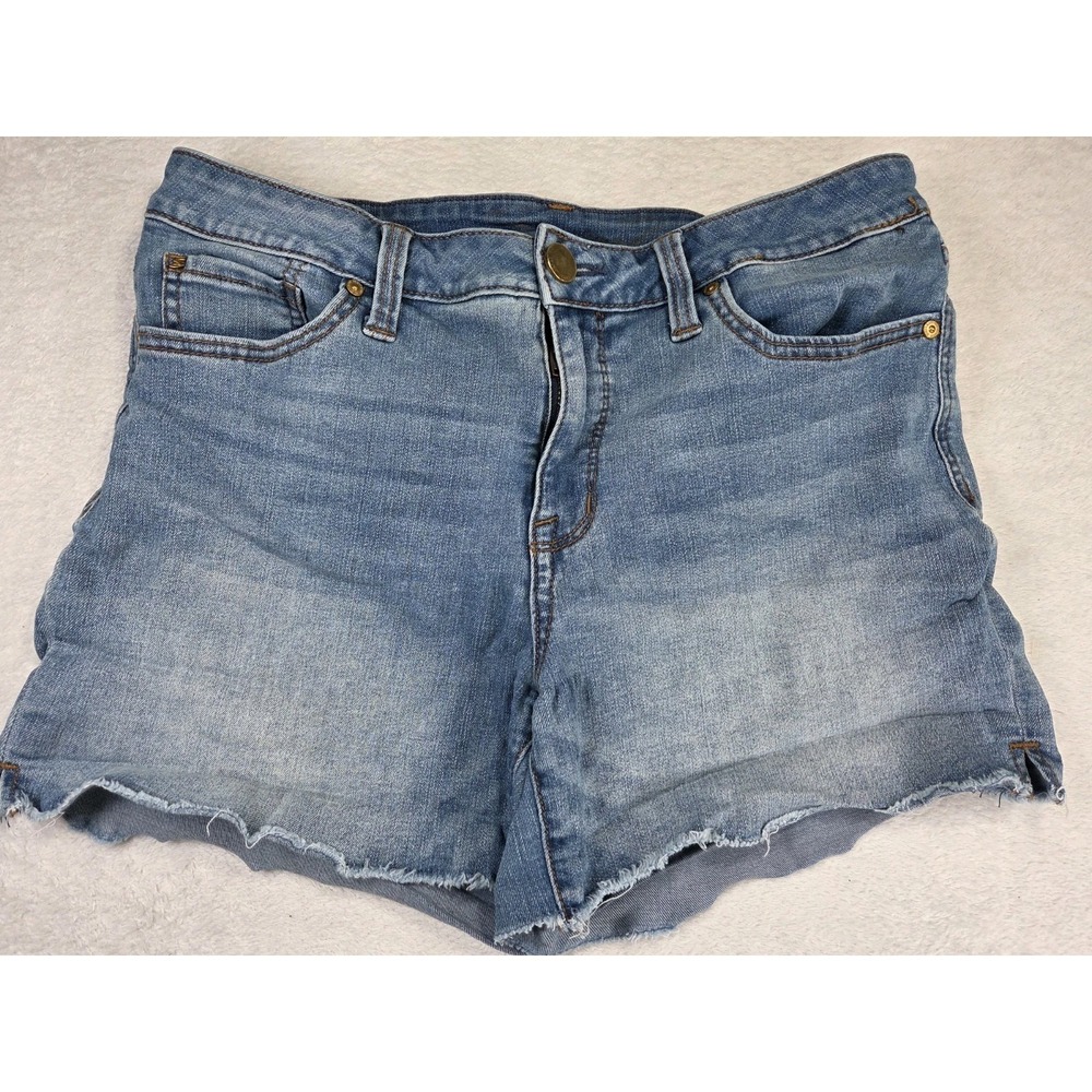 Seven7 Women's Cutoff Denim Shorts Size 10 Blue Distressed Raw Hem Stretch Jean